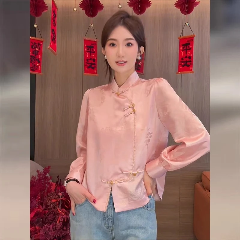 新中式国风盘扣提花衬衫女2025新款春季高级感独特超好看内搭上衣