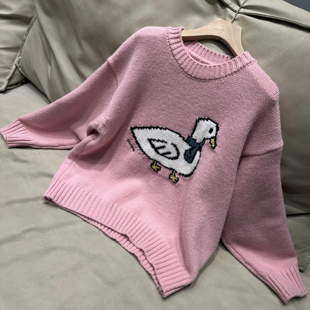 肆玖嘉韩版时尚针织毛衣上衣圆领发财鸭图百搭学院风毛衣长袖减龄