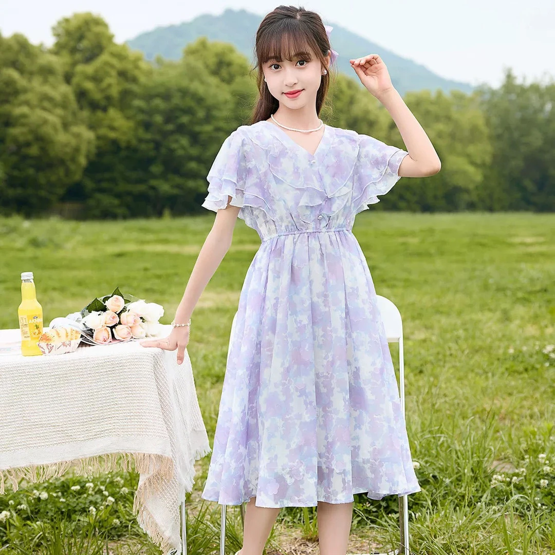 女童连衣裙2025夏装新款时尚中大童洋气紫色碎花儿童田园风裙子