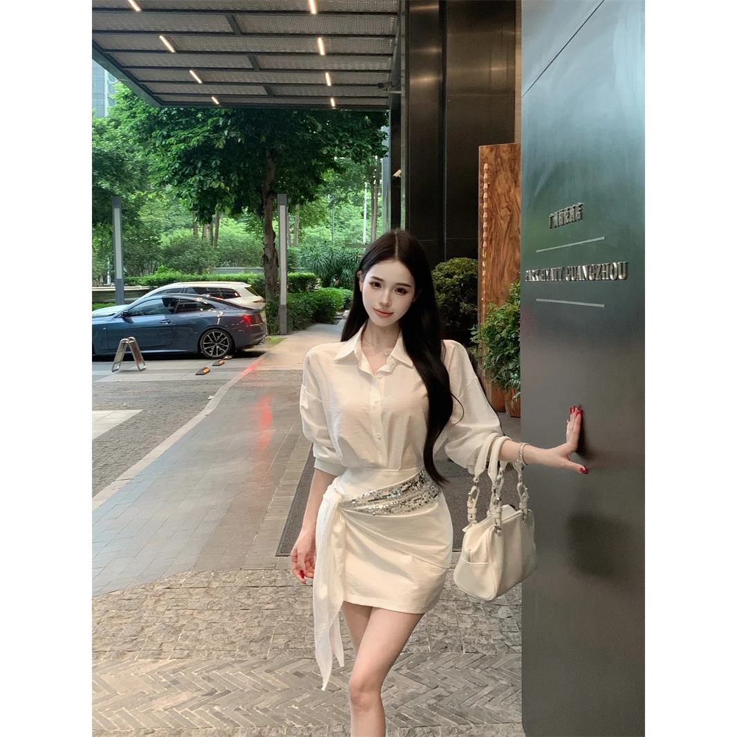 实拍实价韩系气质翻领长袖衬衫不规则短裙时尚两件套装配亮片腰封