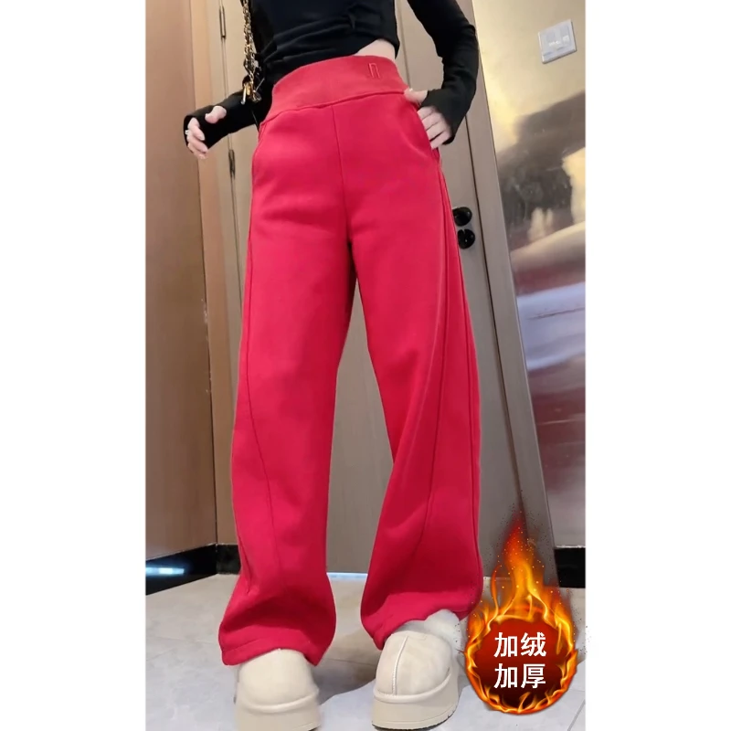 Aimeerosa/艾洛莎今年流行加绒欧货刺绣休闲裤2025冬季百搭弯刀裤