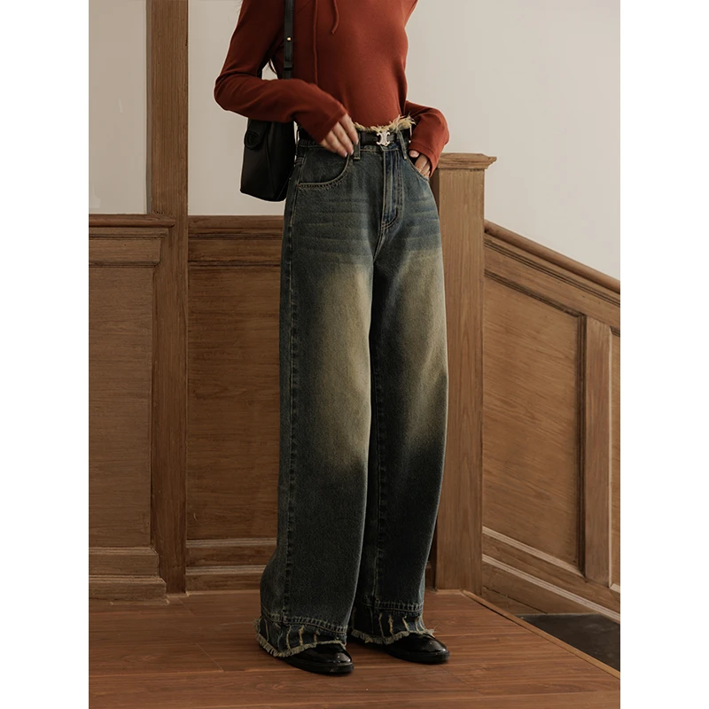 【年末大促】谜秀新品复古做旧高腰牛仔裤女秋季小个子宽松百搭直筒