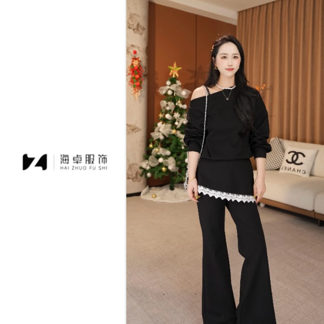 海卓～春款一字肩长袖卫衣蕾丝拼接阔腿裤显瘦休闲套装8827