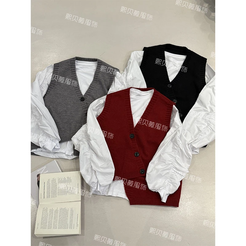 熙贝薇 新款V领针织马甲设计斜扣木耳边褶皱袖真两件套套装 D8959