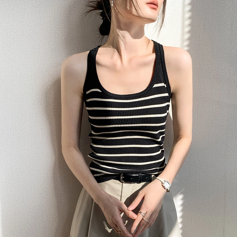工字型吊带背心女装2025新款修身显瘦挂脖低胸条纹内搭针织打底衫