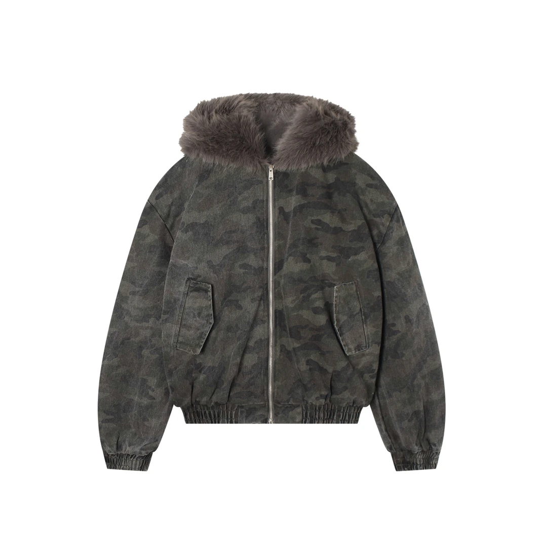 IAMCPLUS 2025AW 美式复古迷彩牛仔拼接棉服女