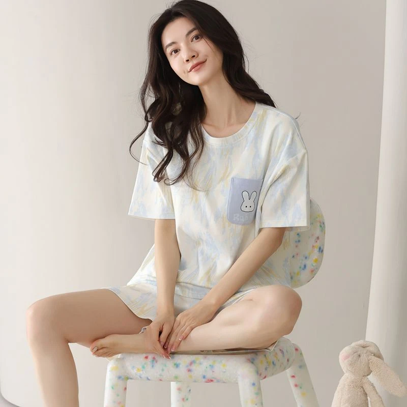 【带胸垫】夏季纯棉新款睡衣女士家居服短袖短裤可外穿卡通宽松套装