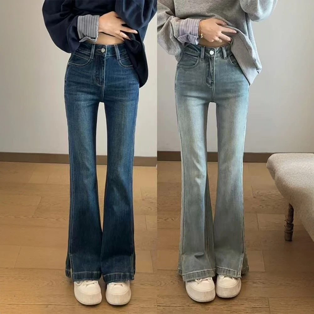 美式开叉喇叭牛仔裤女新款高腰弹力修身遮胯显瘦设计感拖地马蹄裤