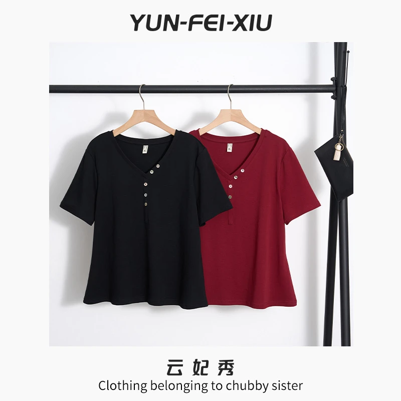 云妃秀大码女装T恤时尚休闲气质减龄百搭显瘦V领纽扣短袖夏季5607