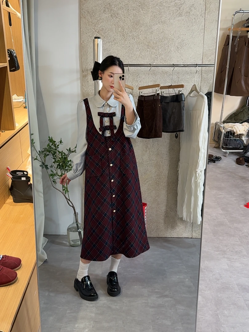 SNN原创设计师 落日玫瑰海 复古假两件气质款连衣裙2025秋季新款