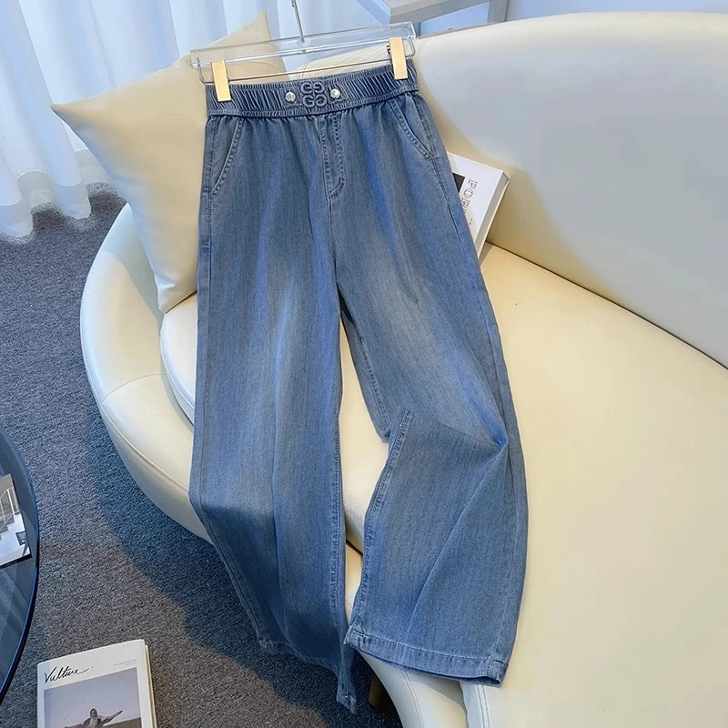 松紧腰莱赛尔天丝窄版阔腿牛仔裤女2025夏季新薄款九分冰丝直筒裤
