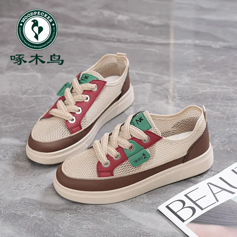 啄木鸟网面透气板鞋舒适防滑个性潮流百搭小众薄款女鞋2025休闲鞋
