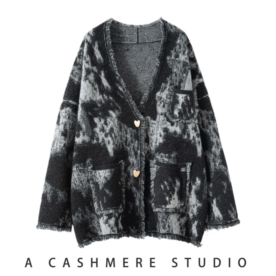 法式水墨画流苏羊绒开衫 AS 8185