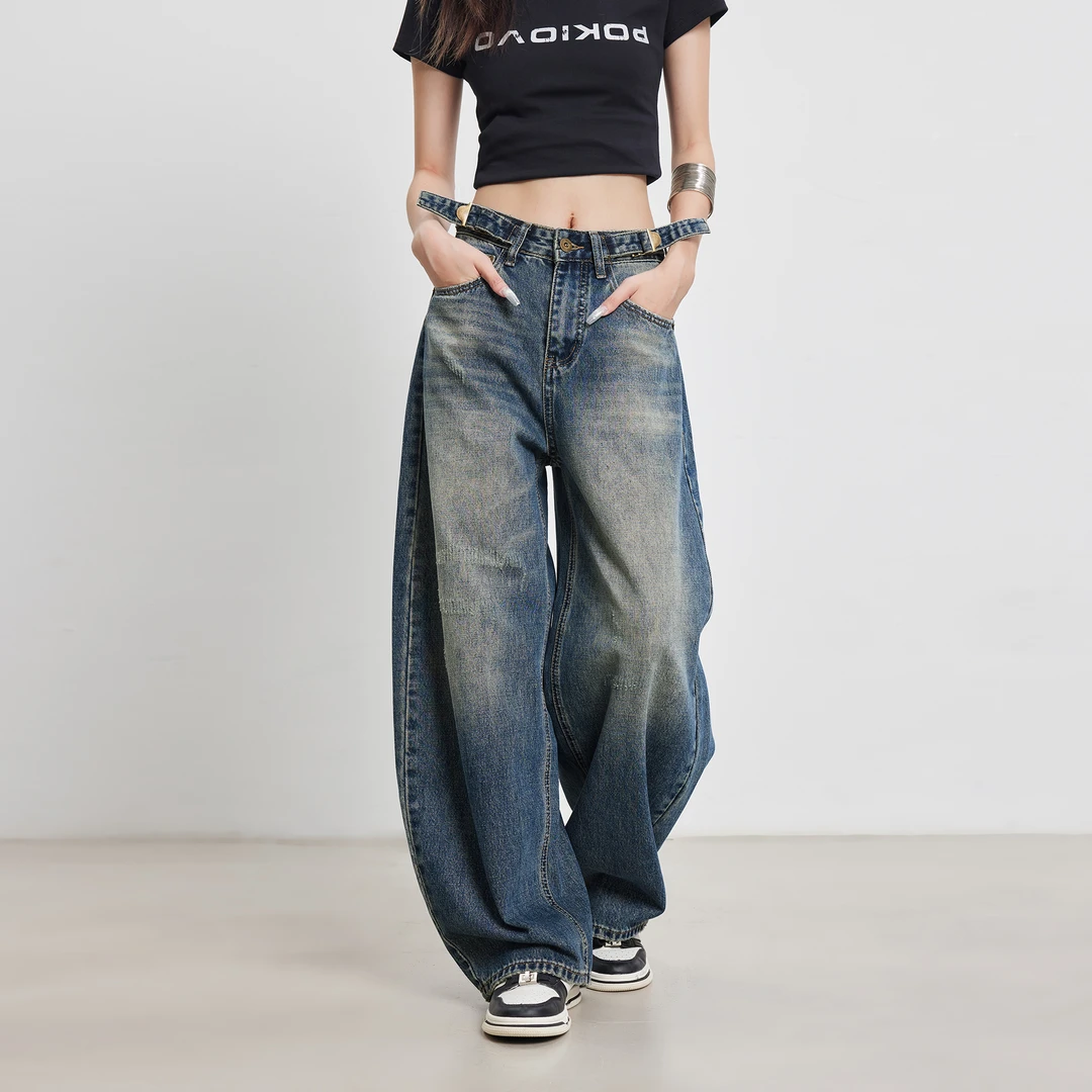 法拉陈美式复古牛仔裤女高街做旧磨白水洗弯刀裤阔腿休闲宽松长裤