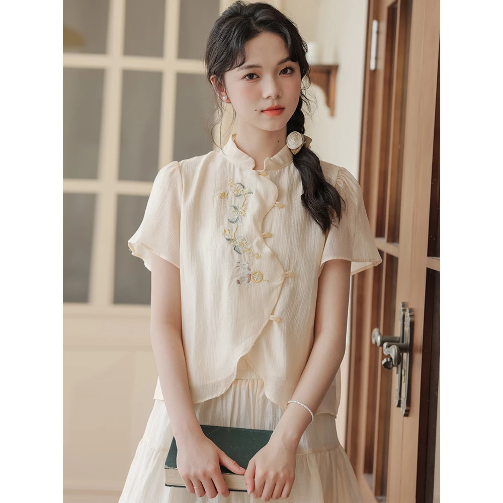 绣花新中式国风盘扣套装女小个子夏季短袖衬衫短裙甜美气质裙女装