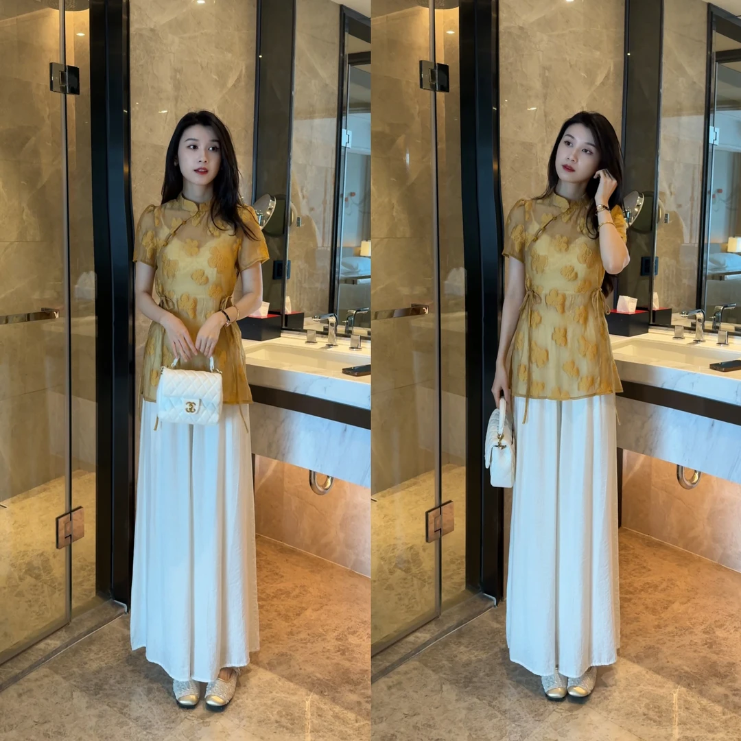 新中式衬衫复古法式修身立领洋气新款短袖米白裤子时尚套装