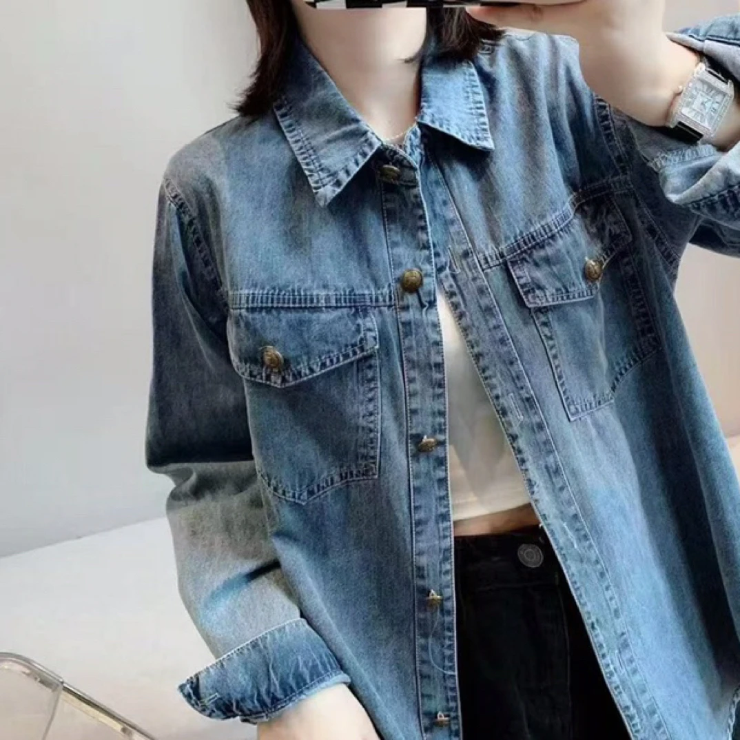 复古做旧浅蓝色软牛仔衬衫女百搭小个子正肩叠穿通勤上衣M199