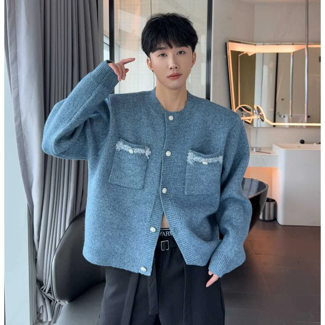 陈大富高级感小香风针织开衫男2025冬季宽松加厚编织口袋垫肩毛衣