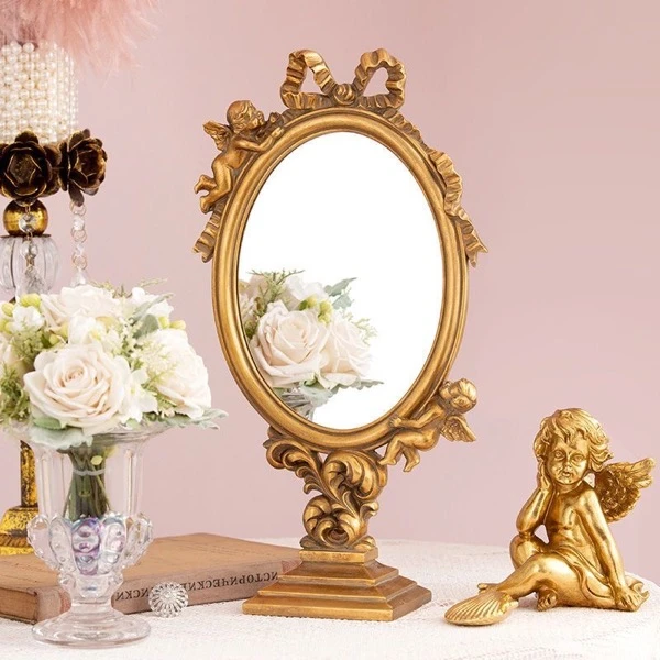 复古美式法式宫廷风浮雕金色台式复古化妆镜装饰摆件