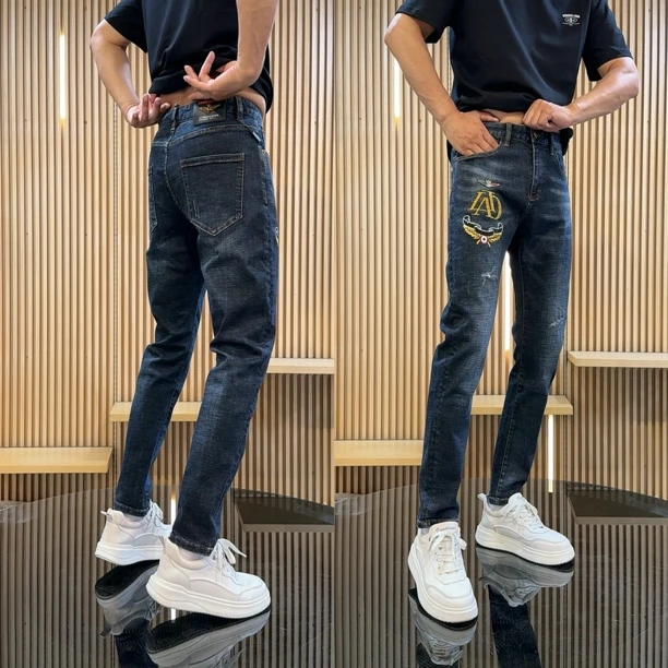 断码 秋季九分修身百搭牛仔裤蓝色商务潮流裤子6801