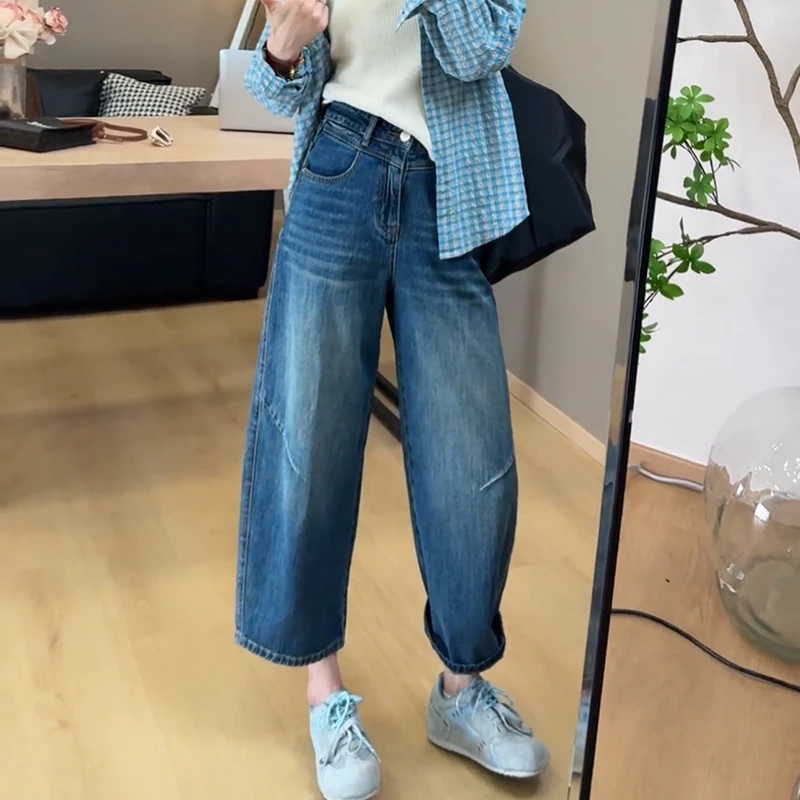 原创自制八分牛仔裤女宽松阔腿裤夏季梨型身材高腰显瘦百搭直筒裤