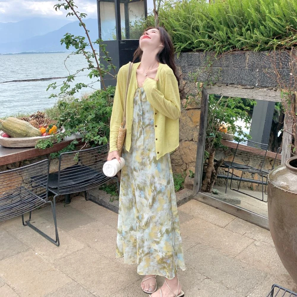 法式独特气质晕染风印花连衣裙套装女2025夏新款开衫吊带裙两件套