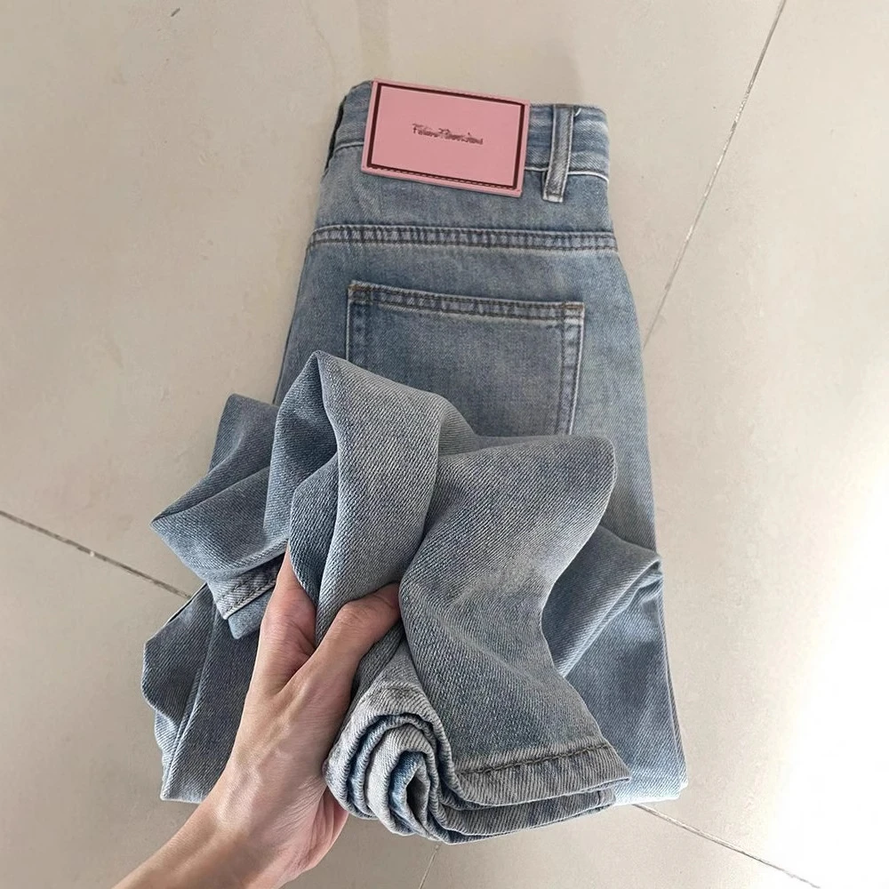 美式个性皮牌宽松显瘦牛仔裤女春秋季款直筒高腰百搭垂感阔腿长裤