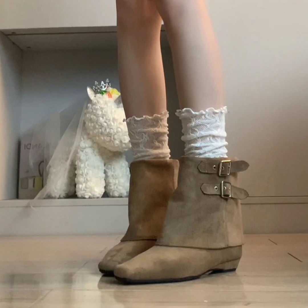 羊皮版~复古皮带扣西部牛仔靴坡跟裤管靴女显瘦气质短筒靴骑士靴