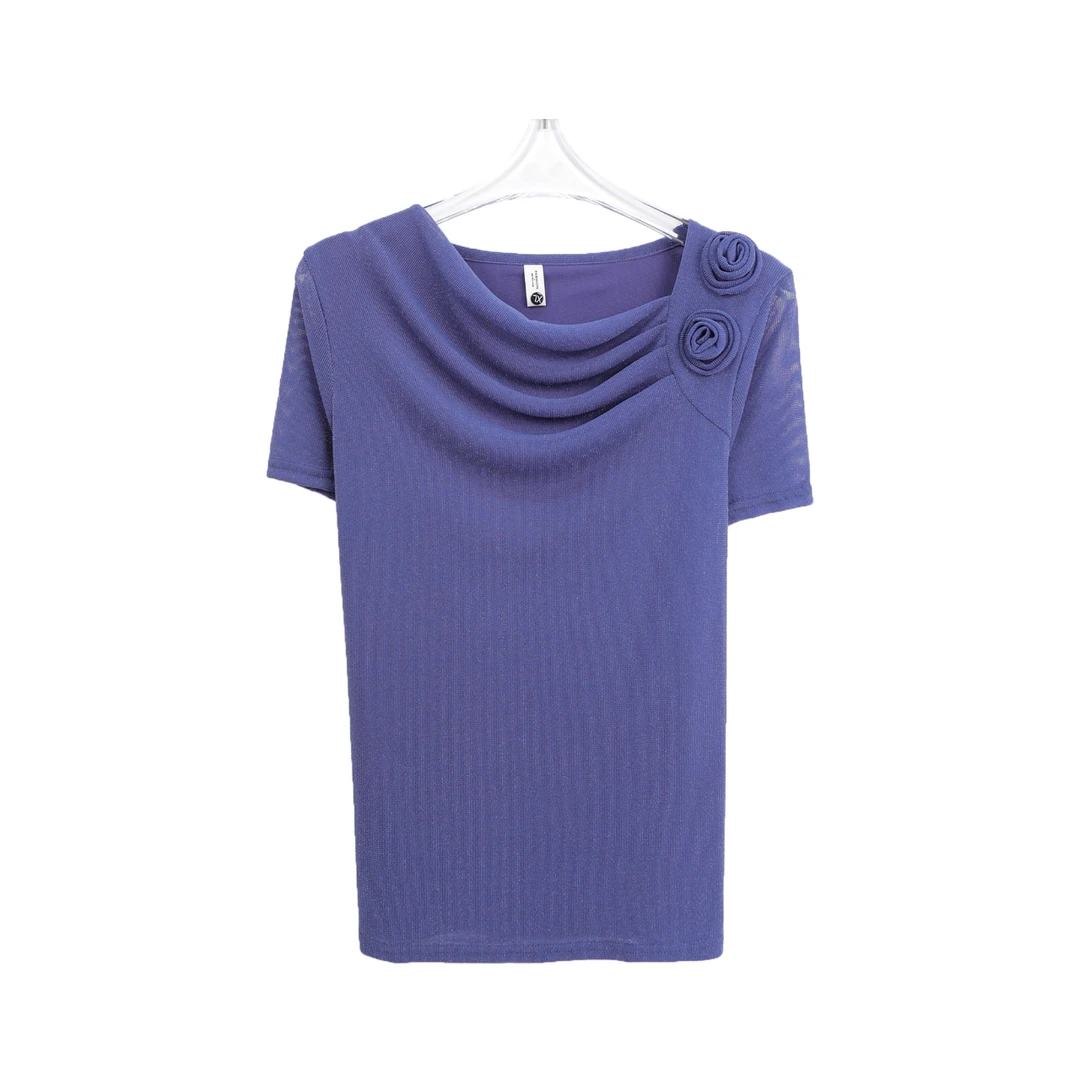 时尚宽松型亮闪堆堆领T恤气质纯色短袖A11019