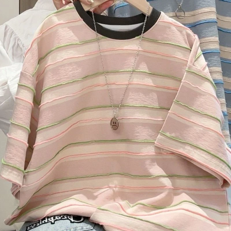 中大童短袖T恤夏季2025年新款时髦休闲宽松夏装条纹打底上衣