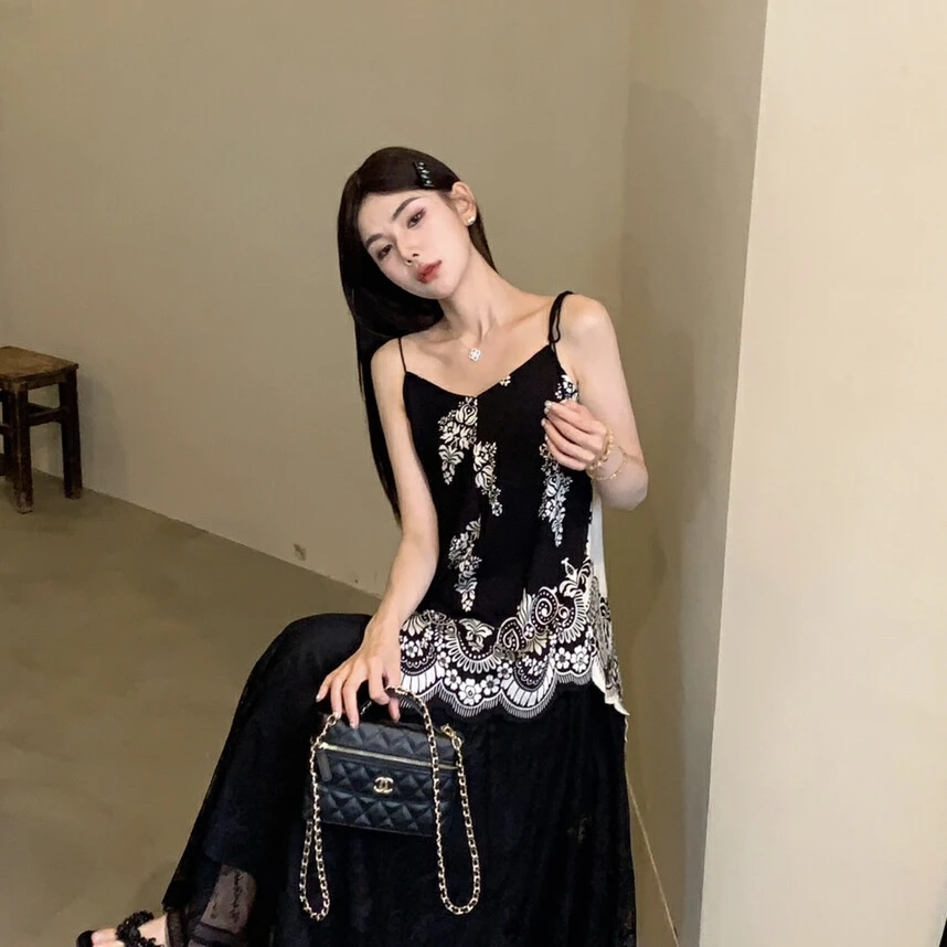 Cute Club 甜美复古撞色不规则印花背心吊带夏季修身显瘦百搭上衣