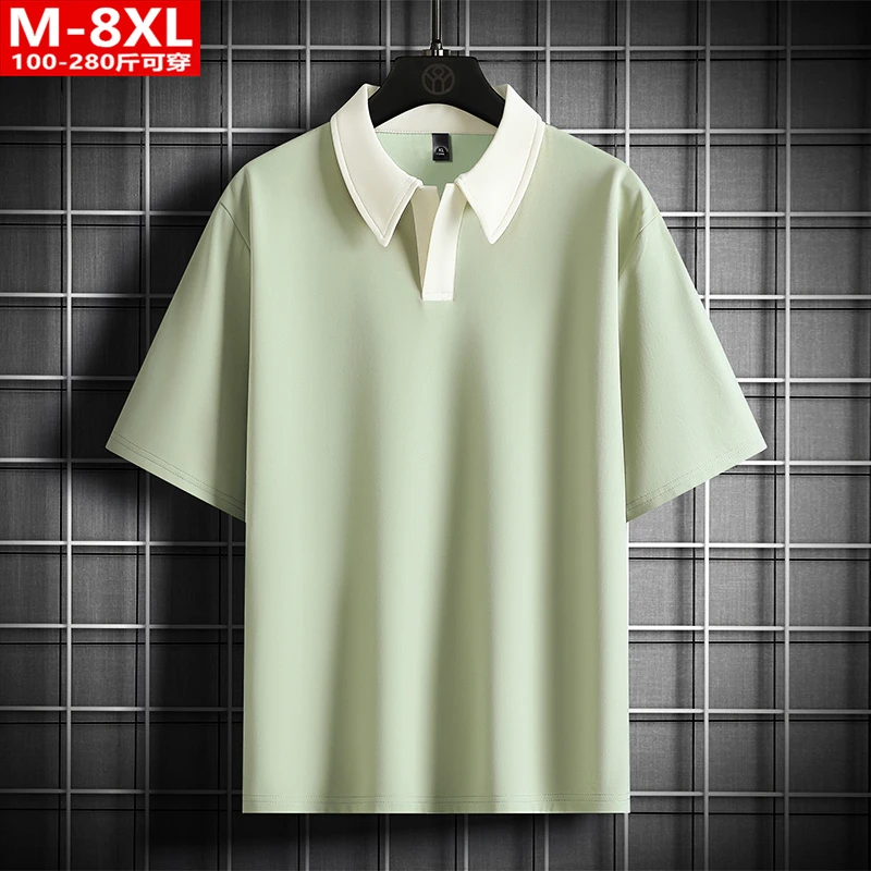 夏季港风潮男装拼色方领短袖POLO衫胖男士加肥加大码宽松休闲体恤