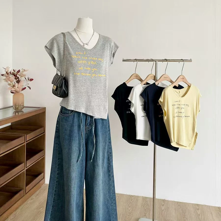 【胖子】335印花字母短袖纽扣INS风丹宁风T恤牛仔针织拼接