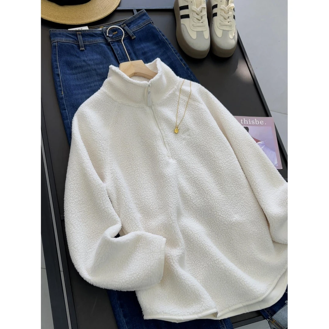 情侣款 米白色半拉链立领保暖套头卫衣女秋冬内搭休闲刺绣上衣