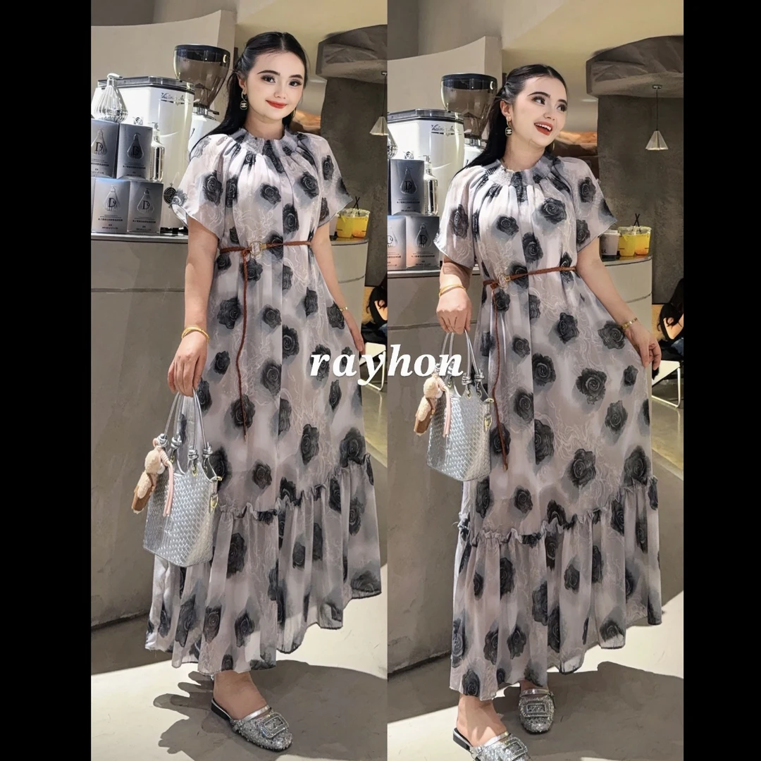 Rayhon法式碎花连衣裙甜美新款收腰短袖长裙夏季显瘦仙女裙