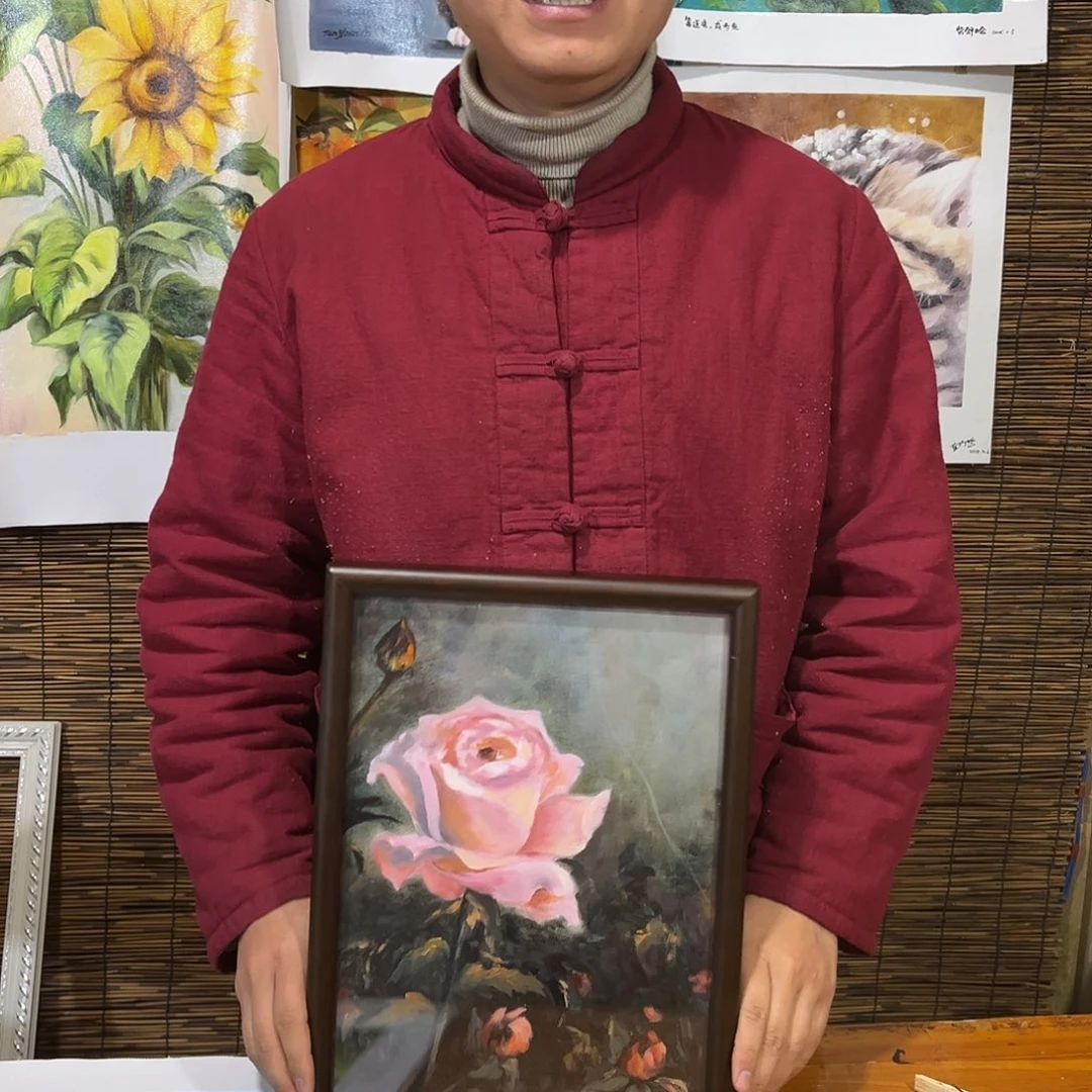 油画梓行路人小院绘画作品