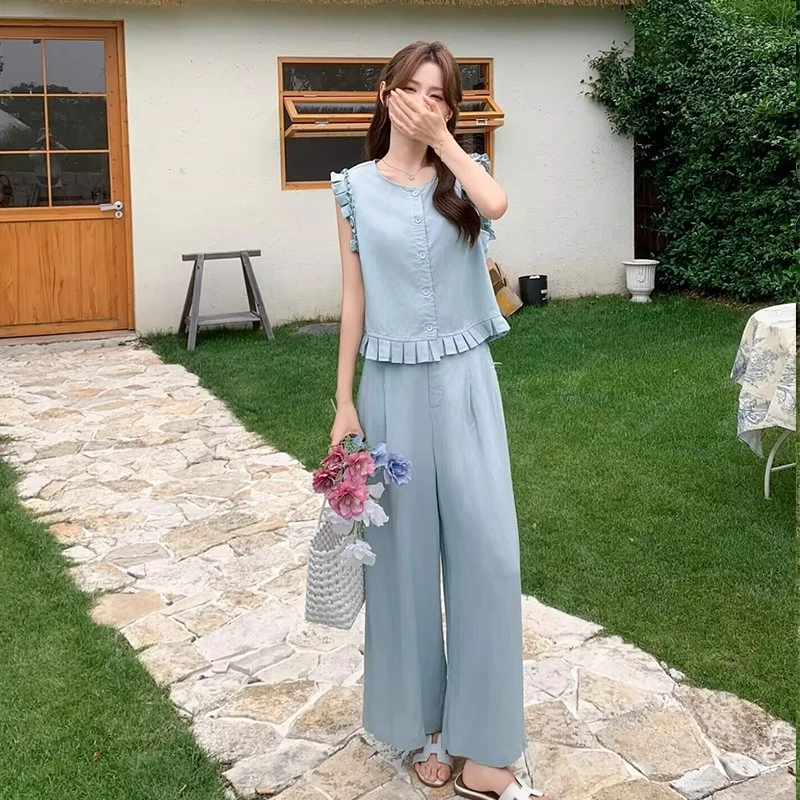 天丝亚麻时尚套装女2025夏季新款木耳边背心上衣高腰阔腿裤两件套