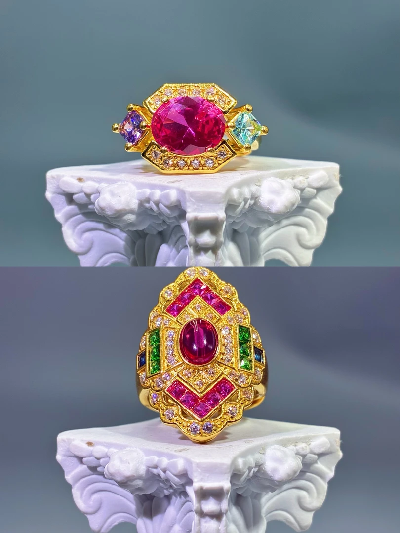 黄金足金999  粉色幻彩闪钻戒指  绛霞极光戒指轻奢小众精致