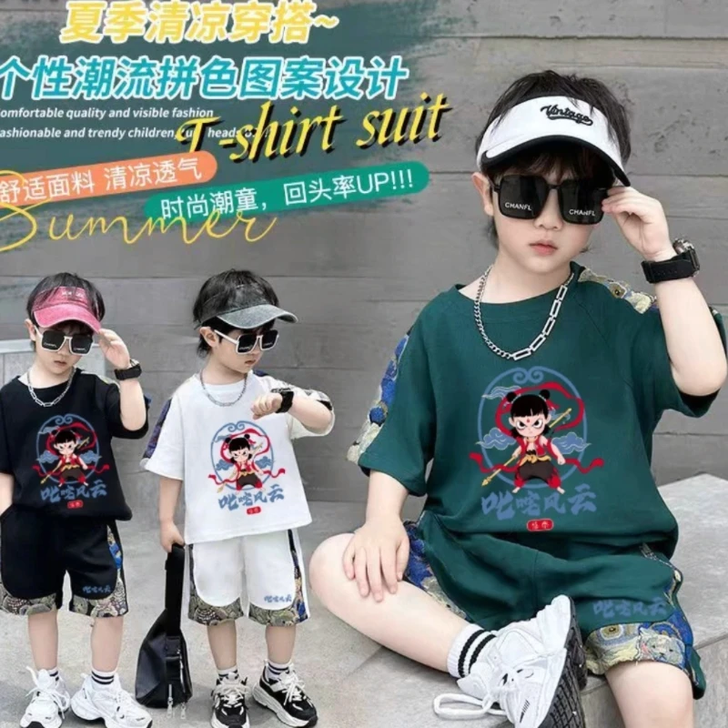 男童夏季套装2025儿童小哪吒服装3-6岁宝宝小童男孩薄款卡通短袖