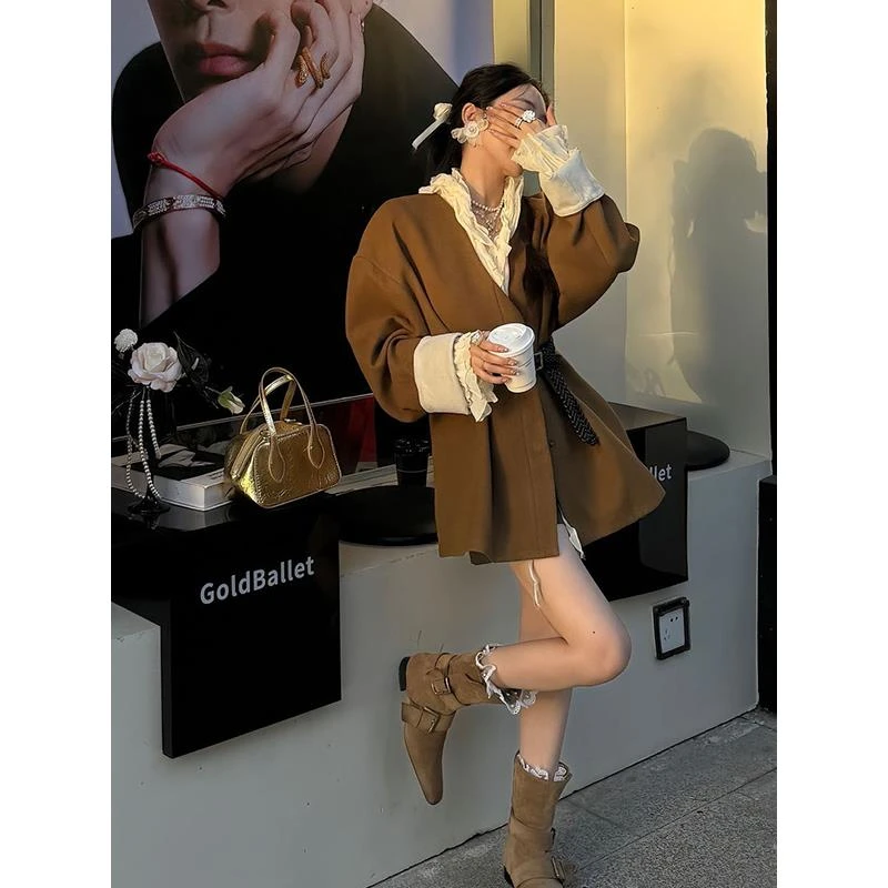 巨好看的早秋美拉德复古通勤咖色v领西装短外套女气质名媛高级感