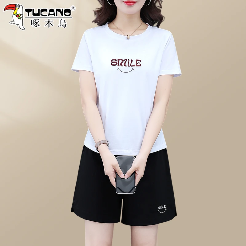 啄木鸟运动套装女2025新款夏季时尚洋气妈妈短袖休闲两件套