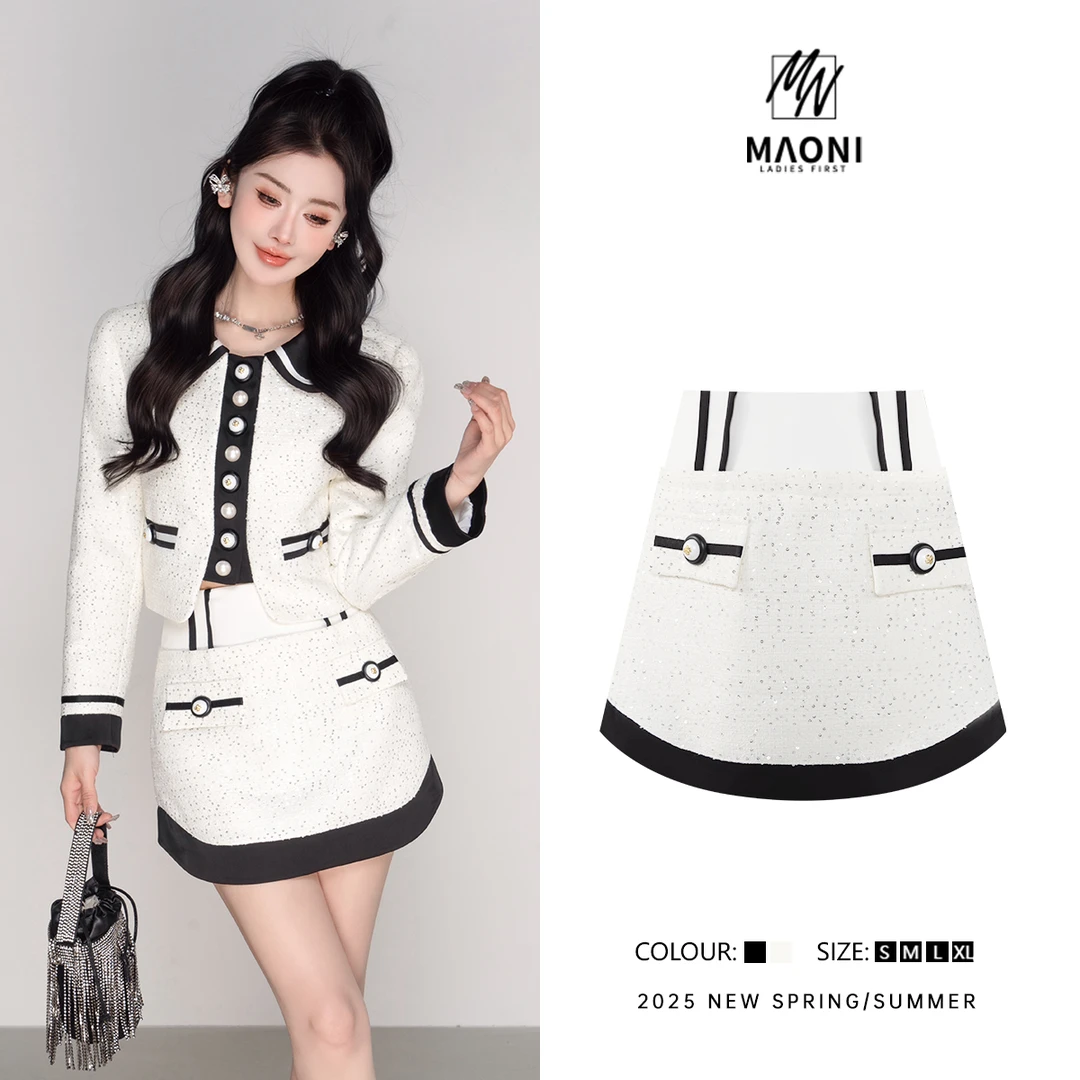 毛妮Peshe【撞色珠片短裤裙】小香风气质细闪百搭高腰半身裙春L1355