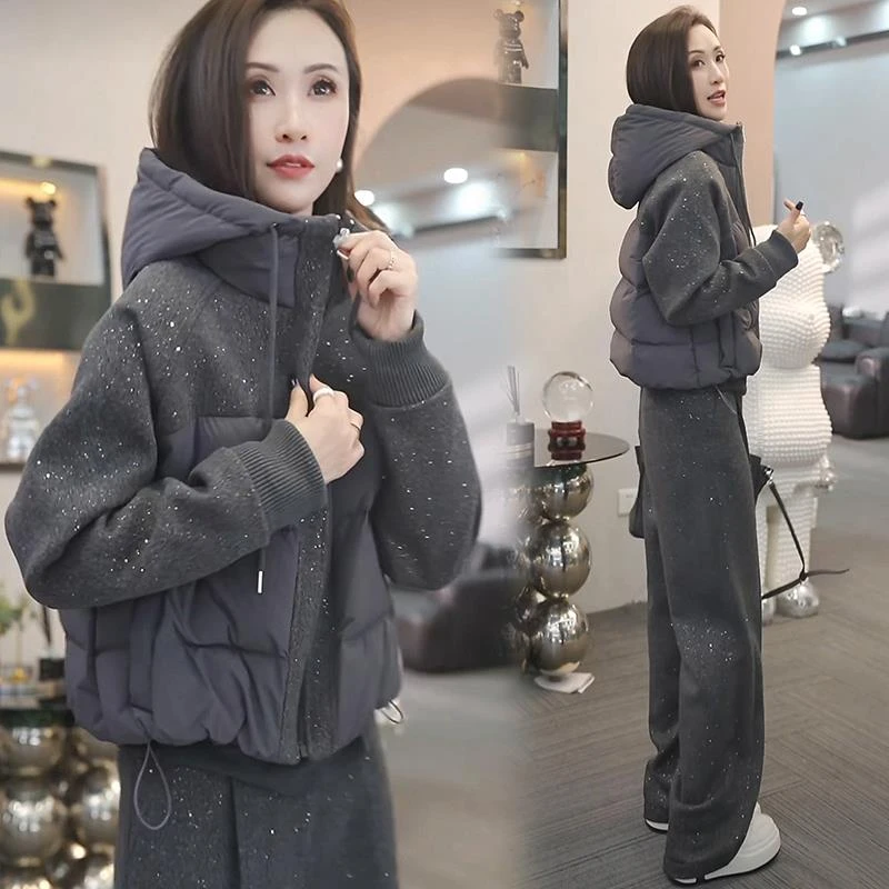 潮流星空闪高级感上衣女2025冬季新款面包服连帽拼接棉袄加厚外套