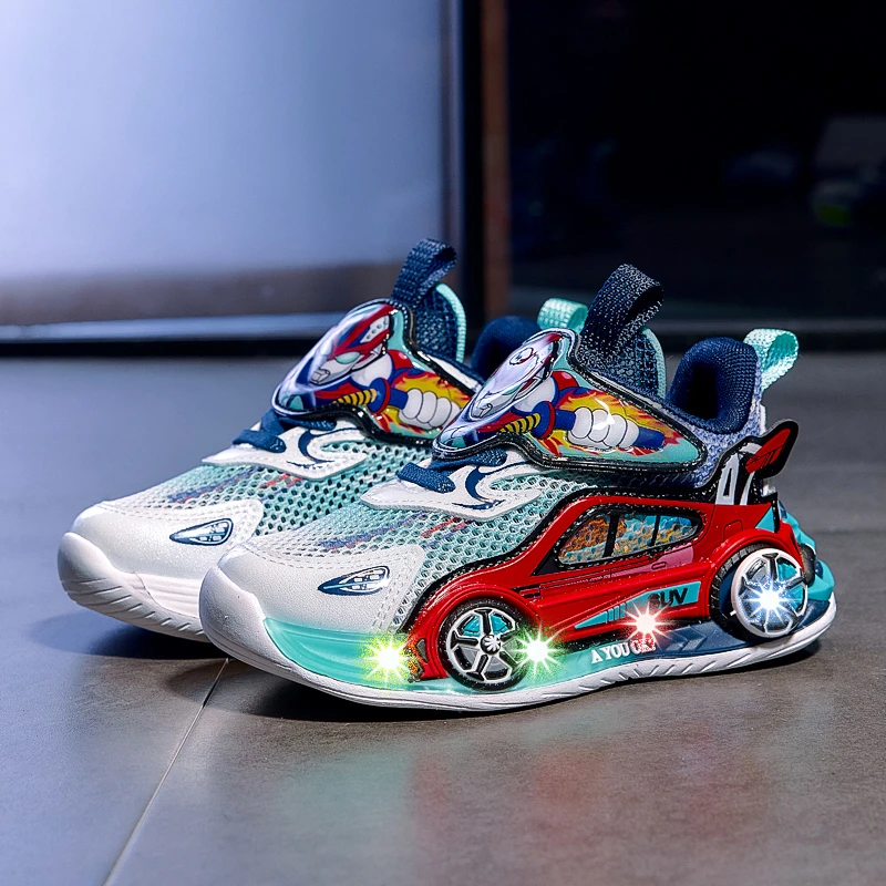 男童2025夏季新款儿童防滑亮灯软底带灯运动鞋男孩单网跑步鞋发光