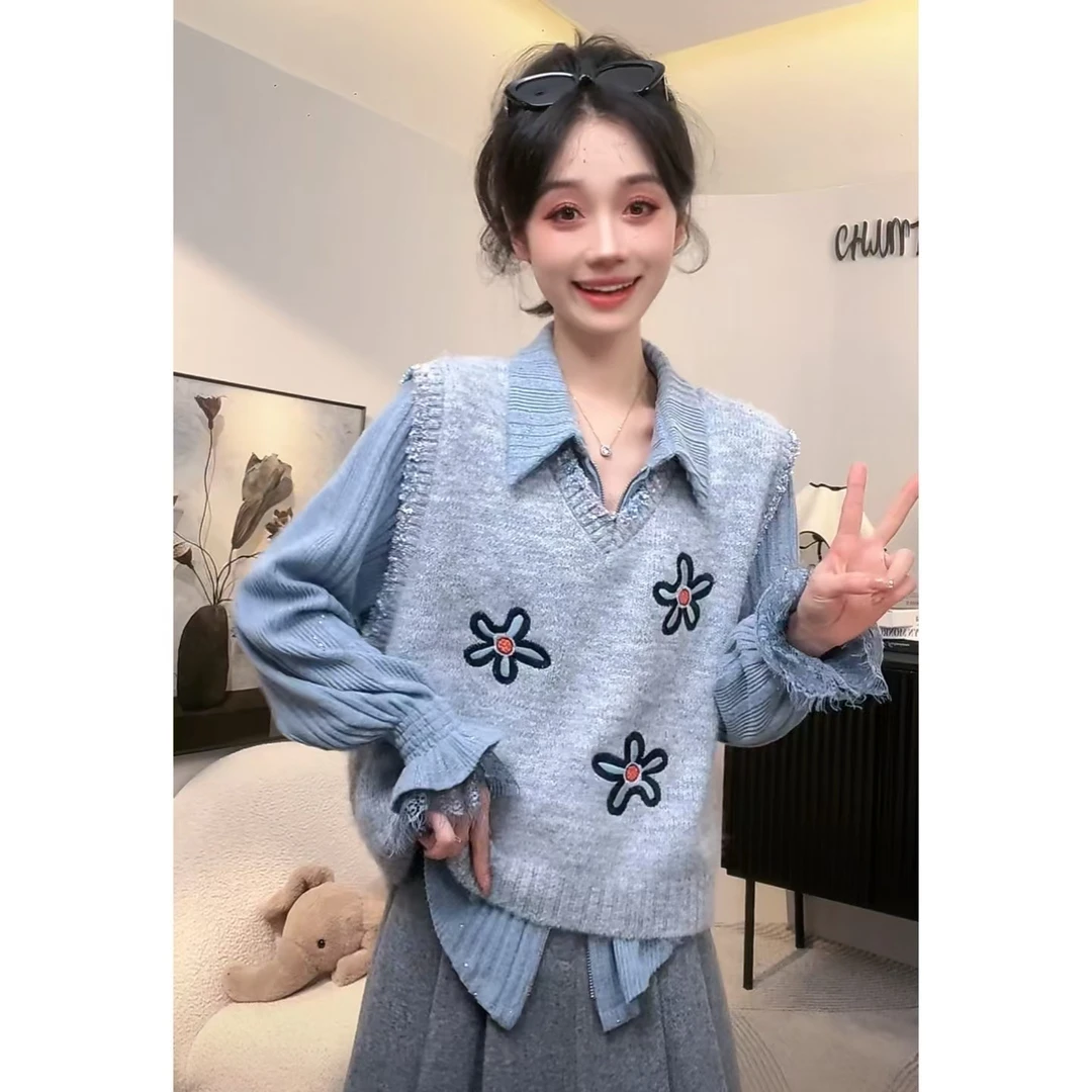 时尚气质花朵针织马甲【13101】