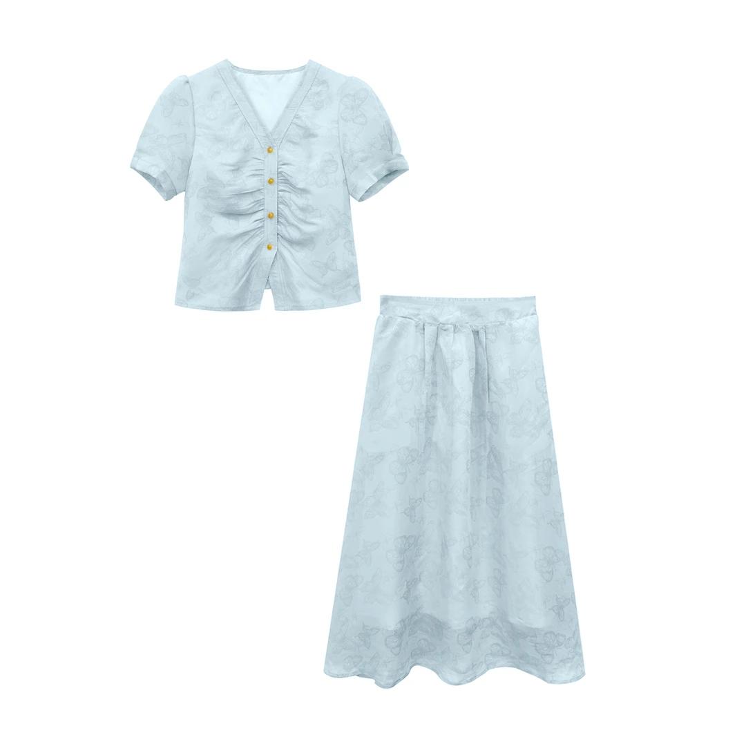 【四季青红姐】2025夏女装新款V领收腰上衣半身裙套装1598