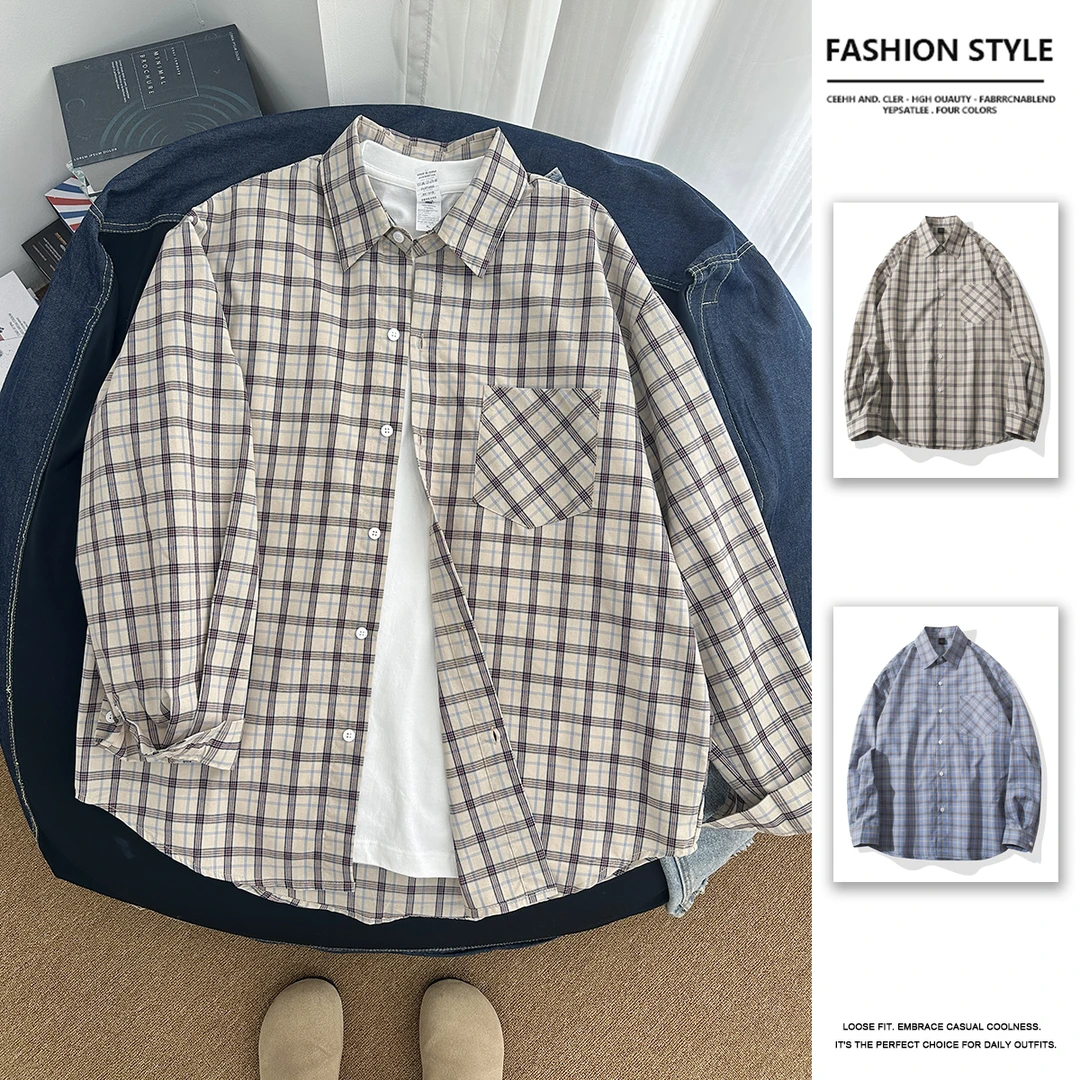 港风复古少年感格子衬衫男女款春夏长袖防晒宽松休闲百搭衬衣外套