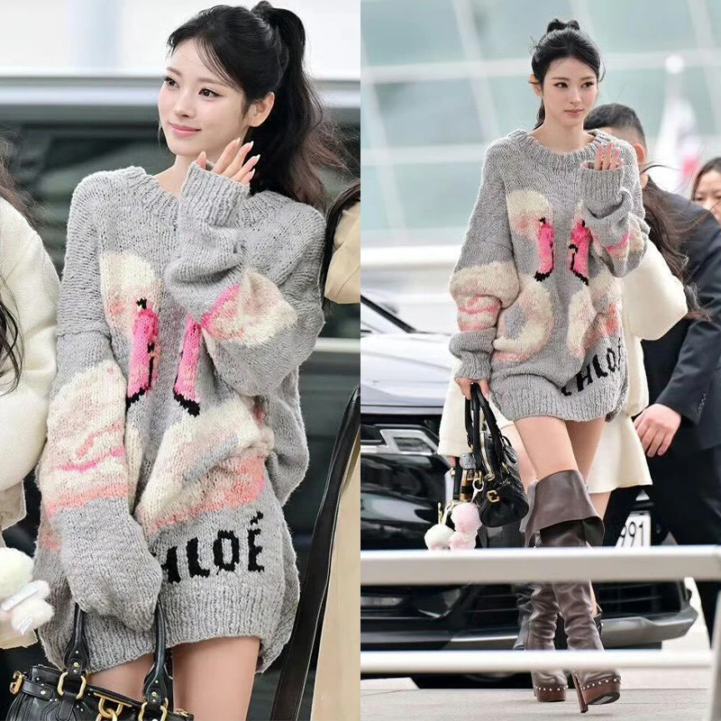 Miss Judy田中杏奈同款宽松慵懒风设计感火烈鸟提花套头针织毛衣