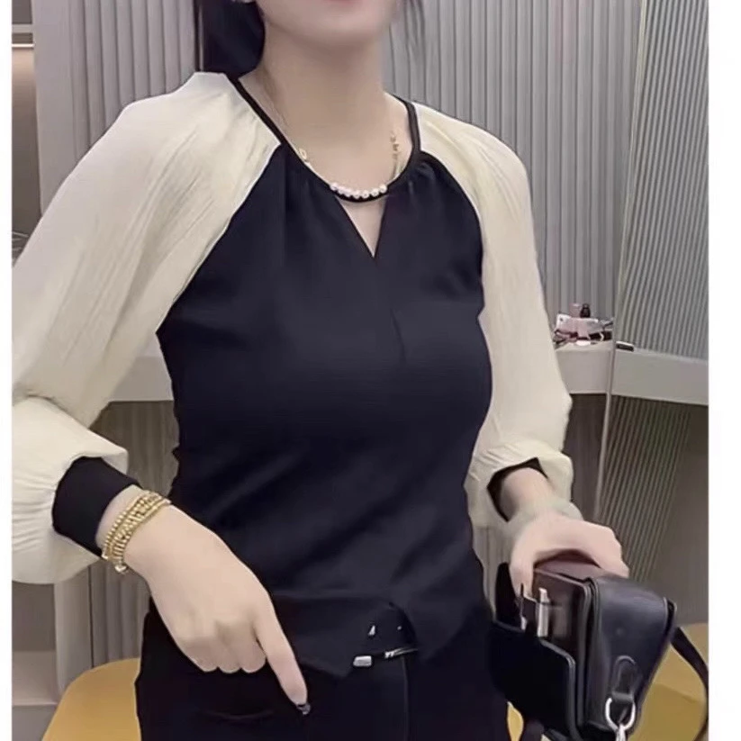 欧货高端气质小V领拼接长袖早秋衬衫女高级轻奢减龄显瘦时尚上衣