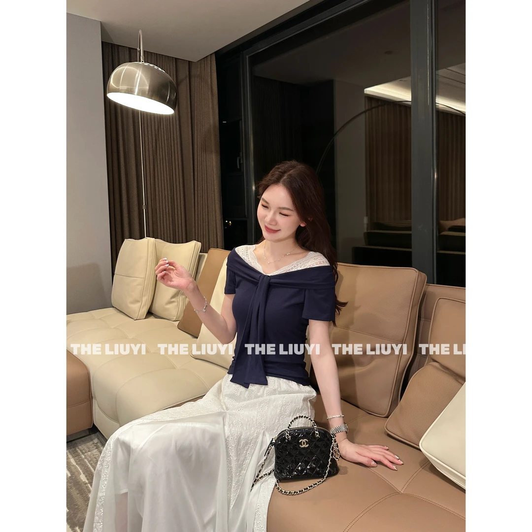 【LIUYI】芳心猎手~夏季温柔风气质蕾丝拼接上衣55304